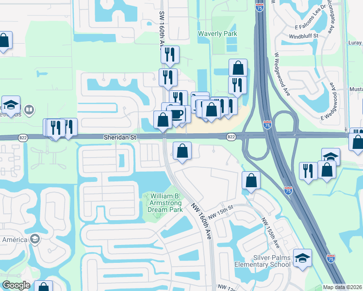 map of restaurants, bars, coffee shops, grocery stores, and more near 2191 Northwest 159th Avenue in Pembroke Pines