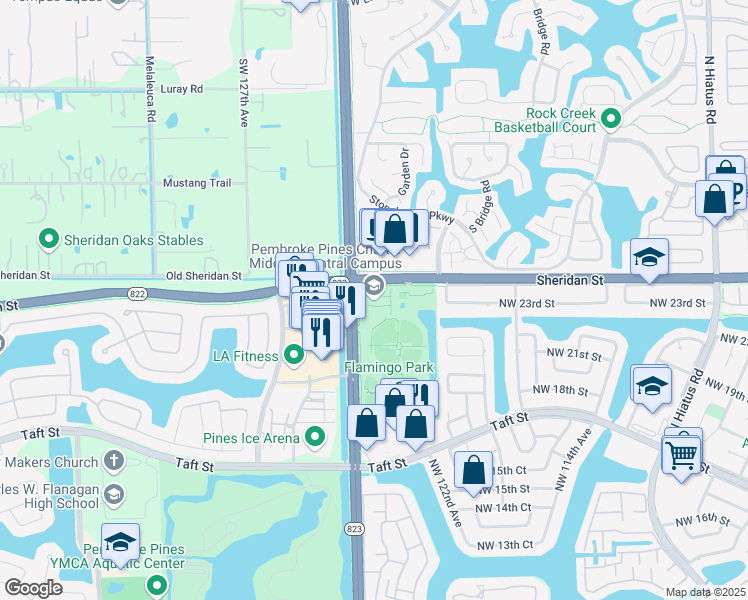 map of restaurants, bars, coffee shops, grocery stores, and more near 12350 Sheridan Street in Pembroke Pines