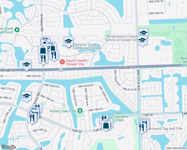 map of restaurants, bars, coffee shops, grocery stores, and more near 10570 Buttonwood Avenue in Pembroke Pines