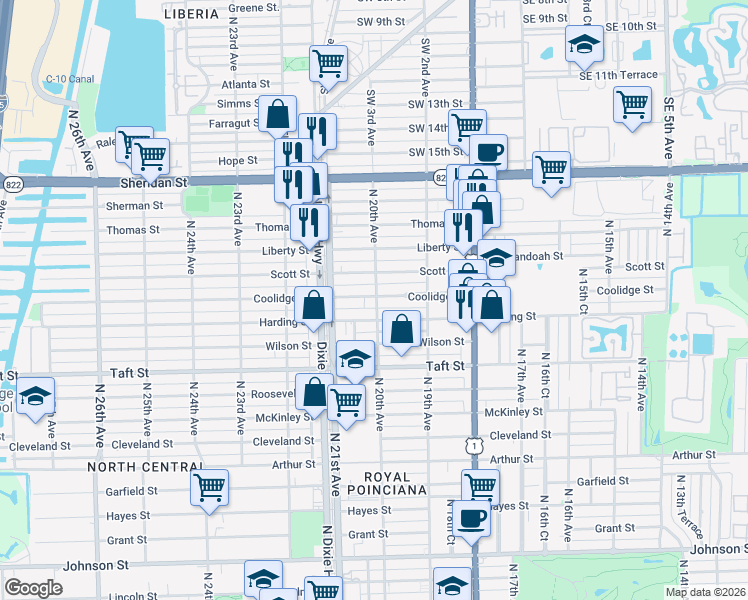 map of restaurants, bars, coffee shops, grocery stores, and more near 2010 Scott Street in Hollywood