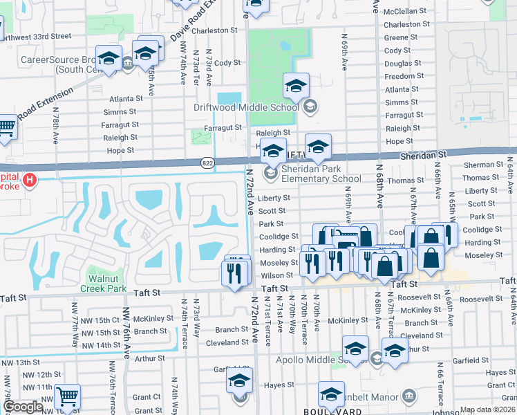 map of restaurants, bars, coffee shops, grocery stores, and more near 7171 Liberty Street in Hollywood
