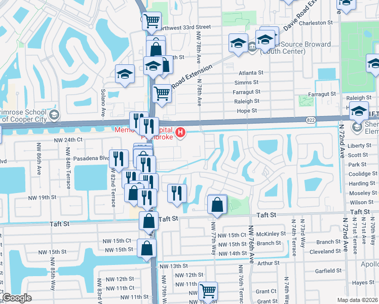 map of restaurants, bars, coffee shops, grocery stores, and more near 2201 North University Drive in Pembroke Pines