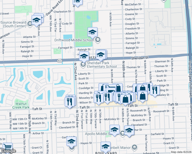 map of restaurants, bars, coffee shops, grocery stores, and more near 7011 Liberty Street in Hollywood