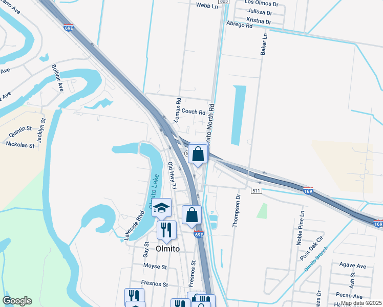 map of restaurants, bars, coffee shops, grocery stores, and more near Texas 550 Frontage Road in Olmito