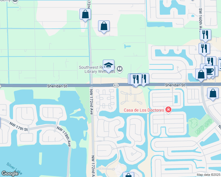 map of restaurants, bars, coffee shops, grocery stores, and more near 17043 Northwest 23rd Street in Pembroke Pines