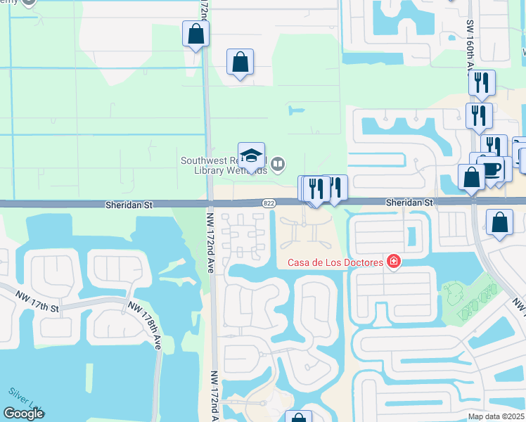 map of restaurants, bars, coffee shops, grocery stores, and more near 17043 Northwest 23rd Street in Pembroke Pines