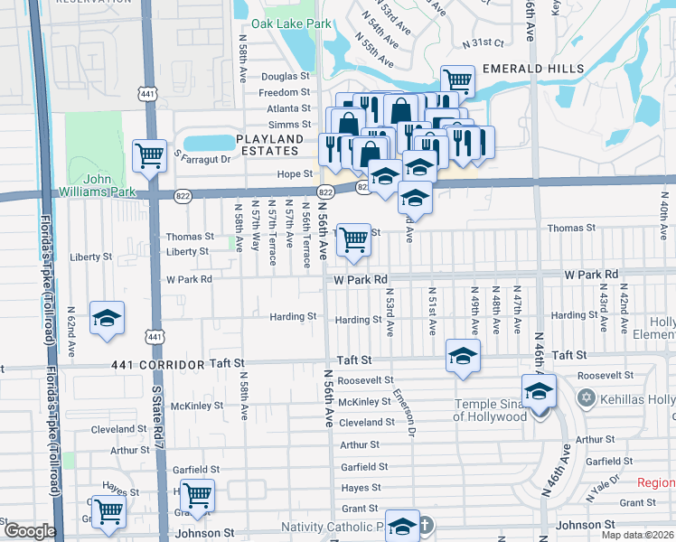map of restaurants, bars, coffee shops, grocery stores, and more near 2121 North 55th Avenue in Hollywood