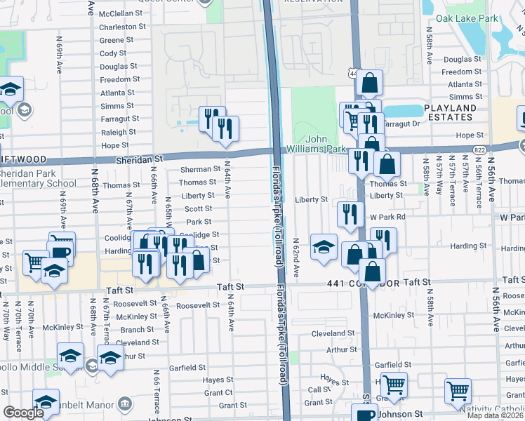 map of restaurants, bars, coffee shops, grocery stores, and more near 6270 Liberty Street in Hollywood
