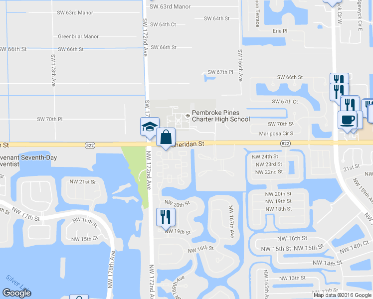 map of restaurants, bars, coffee shops, grocery stores, and more near 17043 Northwest 23rd Street in Pembroke Pines