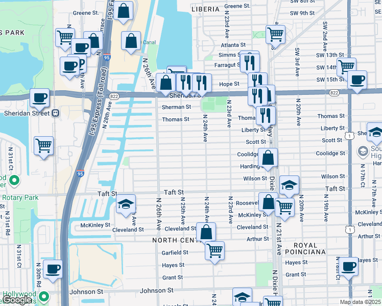 map of restaurants, bars, coffee shops, grocery stores, and more near 2442 Scott Street in Hollywood
