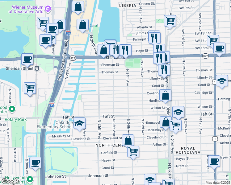 map of restaurants, bars, coffee shops, grocery stores, and more near 2442 Scott Street in Hollywood