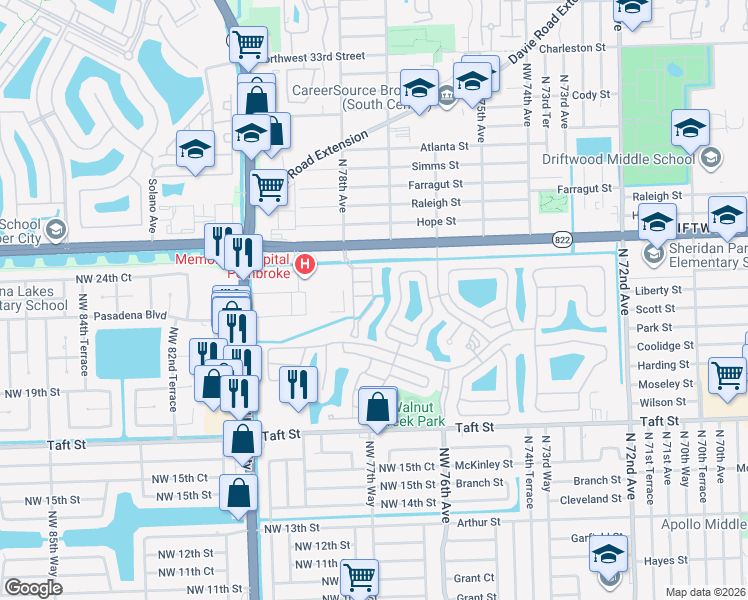map of restaurants, bars, coffee shops, grocery stores, and more near 2212 Northwest 77th Way in Pembroke Pines