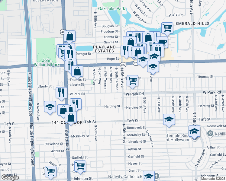 map of restaurants, bars, coffee shops, grocery stores, and more near 2180 North 57th Avenue in Hollywood