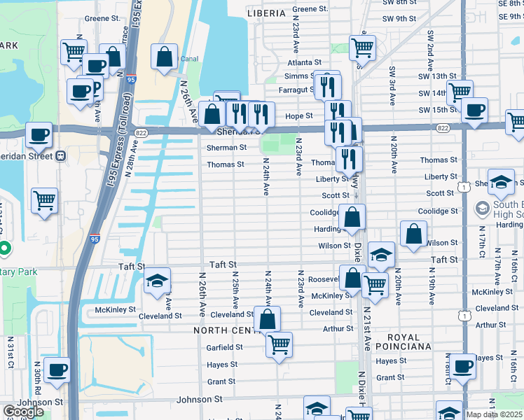 map of restaurants, bars, coffee shops, grocery stores, and more near 2407 Coolidge Street in Hollywood