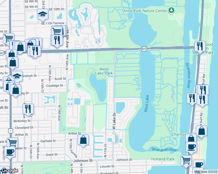 map of restaurants, bars, coffee shops, grocery stores, and more near 1140 Buttonwood Lane in Hollywood