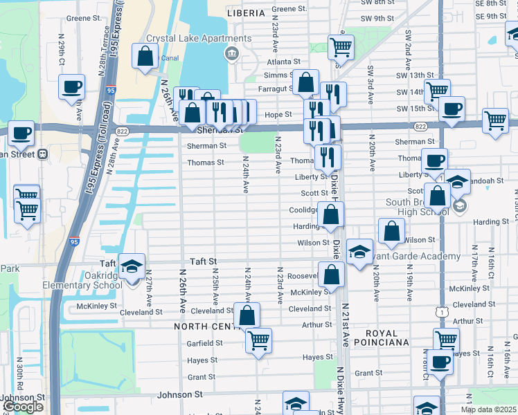 map of restaurants, bars, coffee shops, grocery stores, and more near 2314 Scott Street in Hollywood