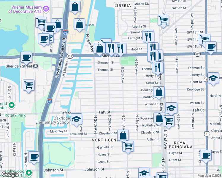 map of restaurants, bars, coffee shops, grocery stores, and more near 2442 Scott Street in Hollywood