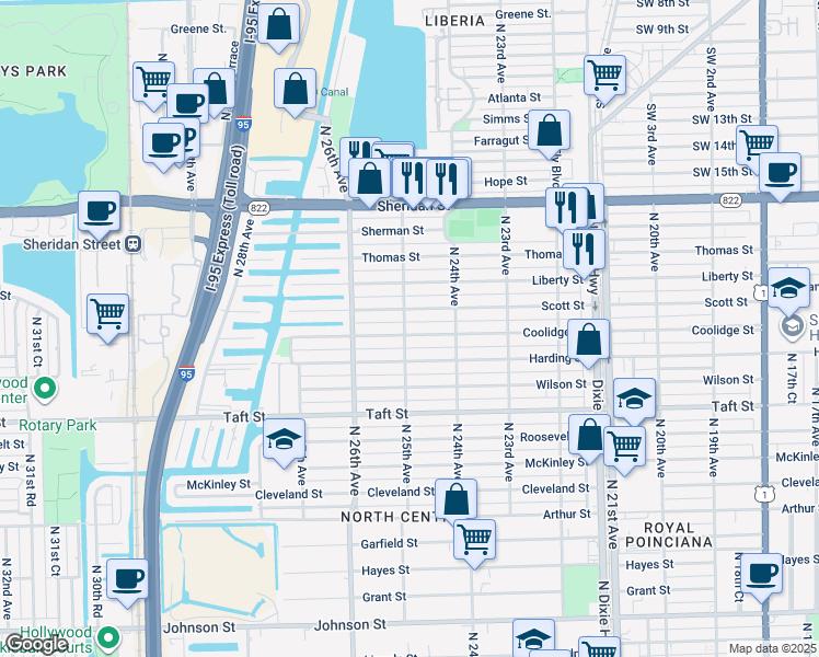 map of restaurants, bars, coffee shops, grocery stores, and more near 2442 Scott Street in Hollywood