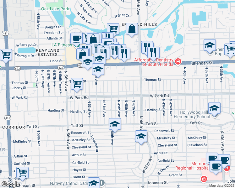 map of restaurants, bars, coffee shops, grocery stores, and more near 2115 North 49th Avenue in Hollywood