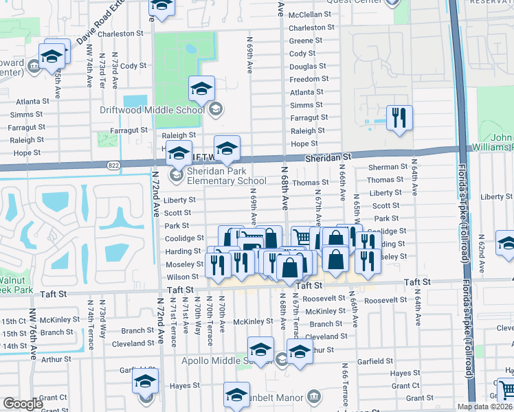 map of restaurants, bars, coffee shops, grocery stores, and more near 6871 Liberty Street in Hollywood