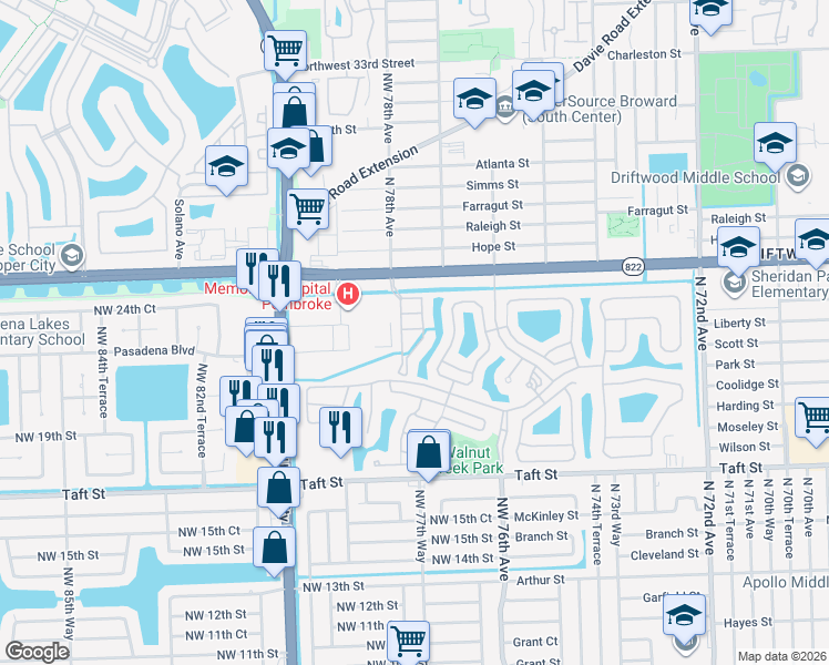 map of restaurants, bars, coffee shops, grocery stores, and more near 7780 Northwest 22nd Court in Pembroke Pines