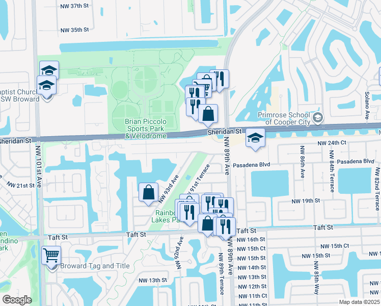 map of restaurants, bars, coffee shops, grocery stores, and more near 9306 Northwest 24th Place in Pembroke Pines