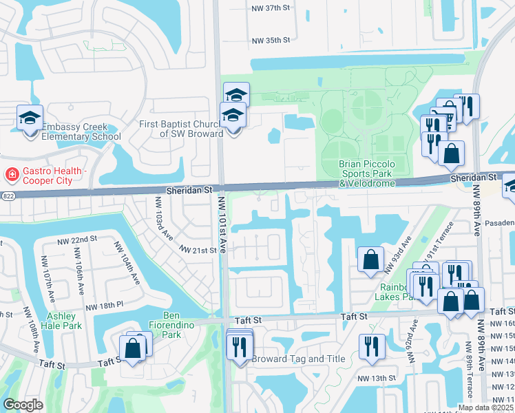 map of restaurants, bars, coffee shops, grocery stores, and more near 9950 Sheridan Street in Hollywood