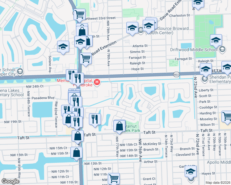 map of restaurants, bars, coffee shops, grocery stores, and more near 7780 Northwest 22nd Court in Pembroke Pines