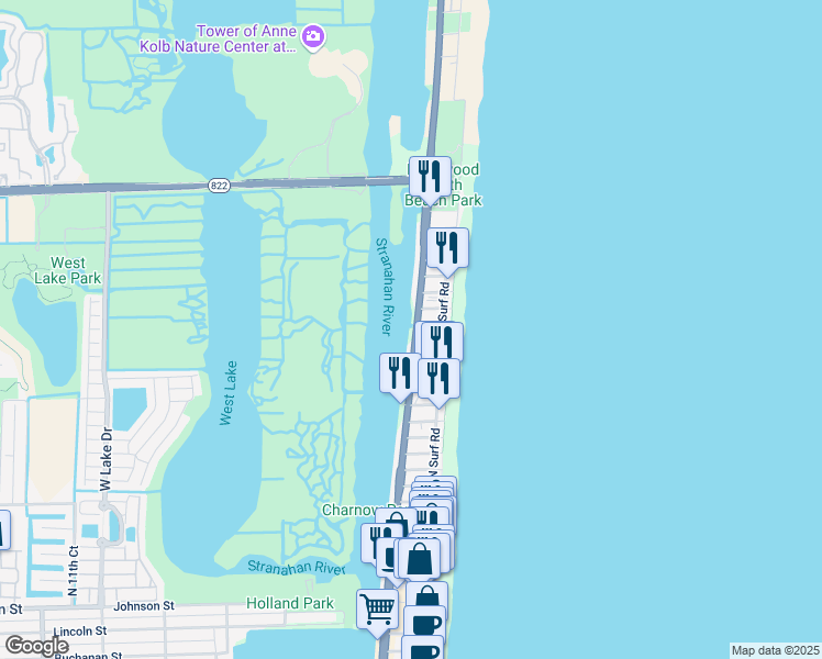 map of restaurants, bars, coffee shops, grocery stores, and more near 2900 North Ocean Drive in Hollywood