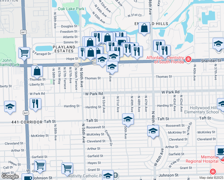 map of restaurants, bars, coffee shops, grocery stores, and more near 2111 North 52nd Avenue in Hollywood