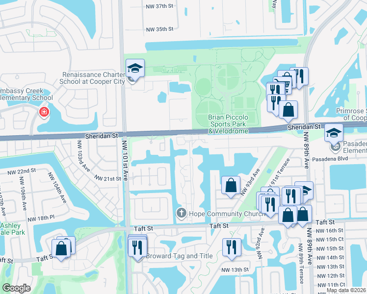 map of restaurants, bars, coffee shops, grocery stores, and more near 9702 Northwest 24th Court in Pembroke Pines