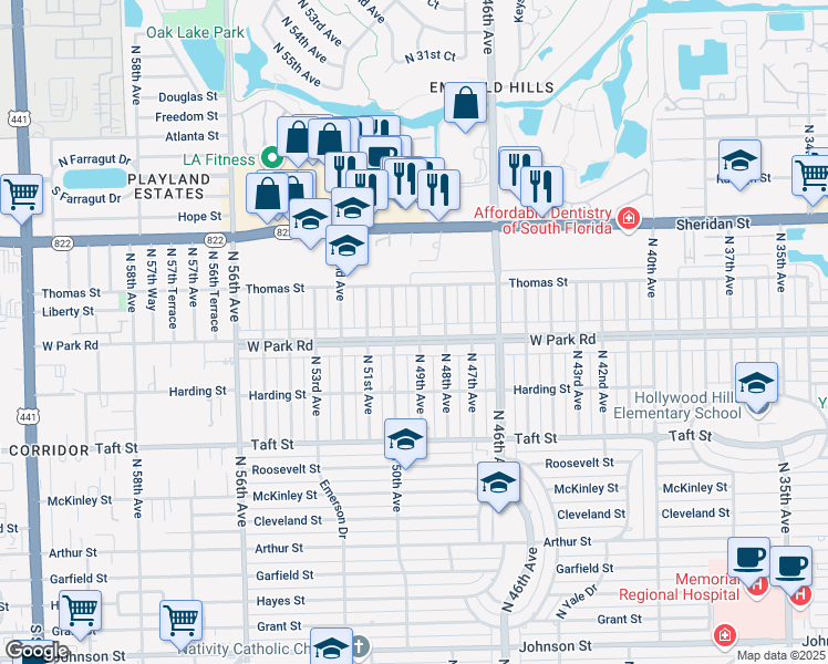 map of restaurants, bars, coffee shops, grocery stores, and more near 2115 North 49th Avenue in Hollywood