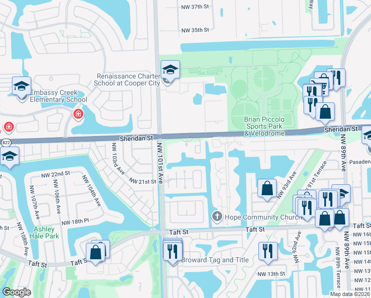 map of restaurants, bars, coffee shops, grocery stores, and more near 9950 Sheridan Street in Hollywood