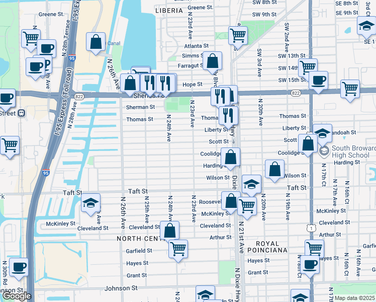 map of restaurants, bars, coffee shops, grocery stores, and more near 2314 Scott Street in Hollywood
