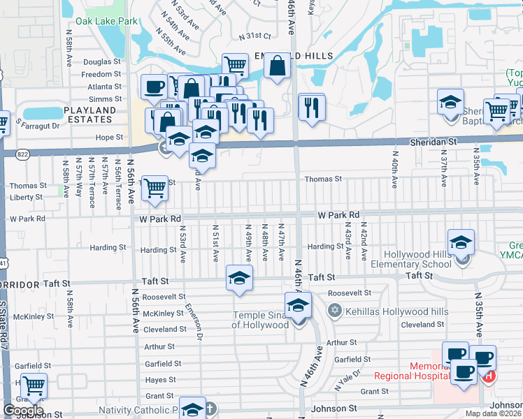 map of restaurants, bars, coffee shops, grocery stores, and more near 2115 North 49th Avenue in Hollywood