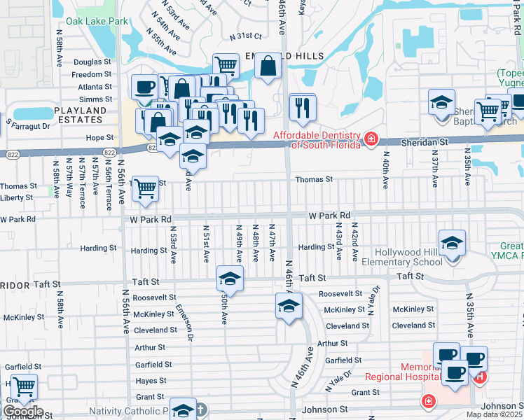 map of restaurants, bars, coffee shops, grocery stores, and more near 2120 North 47th Avenue in Hollywood