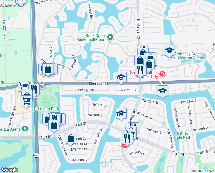 map of restaurants, bars, coffee shops, grocery stores, and more near 11420 Sheridan Street in Pembroke Pines