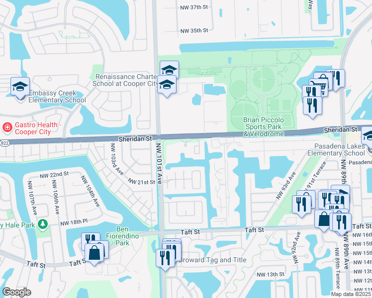 map of restaurants, bars, coffee shops, grocery stores, and more near 9900 Sheridan Street in Pembroke Pines
