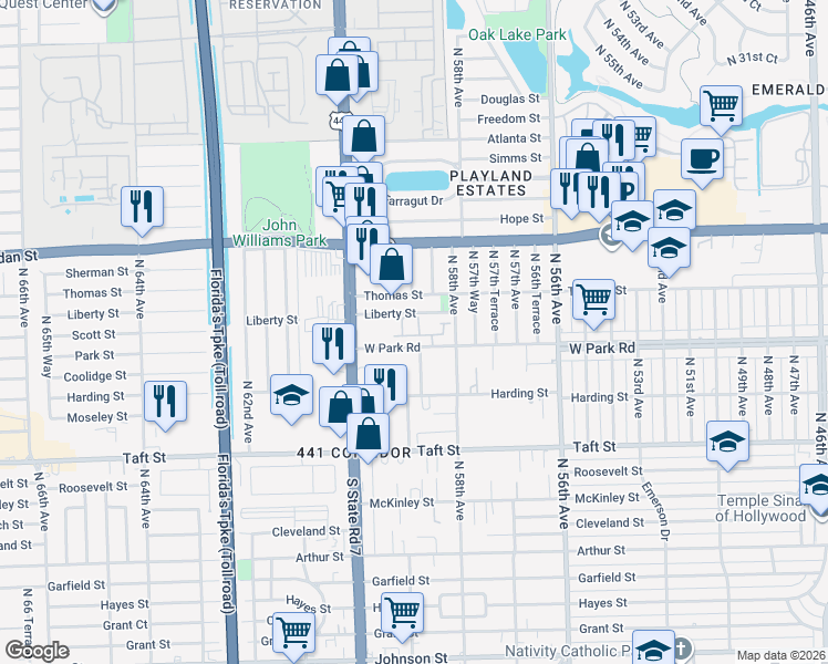 map of restaurants, bars, coffee shops, grocery stores, and more near 5910 Liberty Street in Hollywood