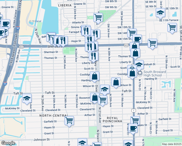 map of restaurants, bars, coffee shops, grocery stores, and more near 2124 Scott Street in Hollywood