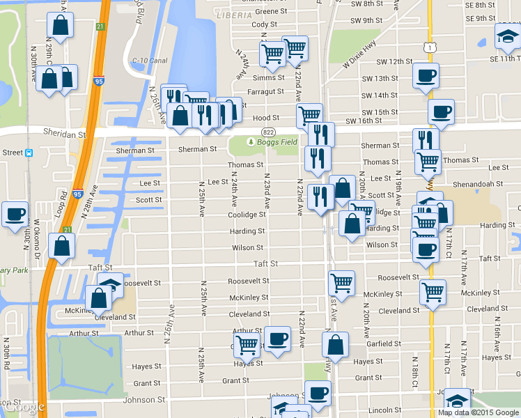 map of restaurants, bars, coffee shops, grocery stores, and more near 2314 Scott Street in Hollywood