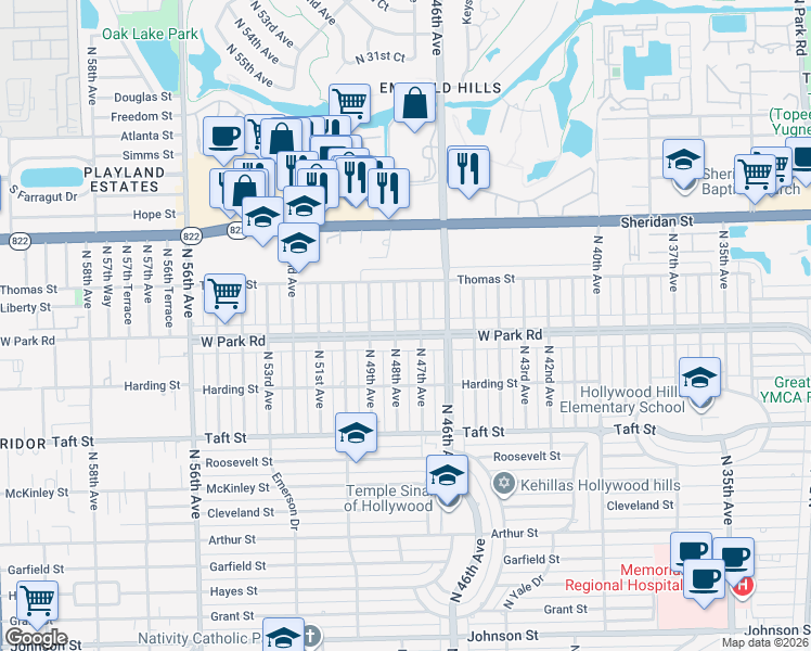 map of restaurants, bars, coffee shops, grocery stores, and more near 2120 North 47th Avenue in Hollywood