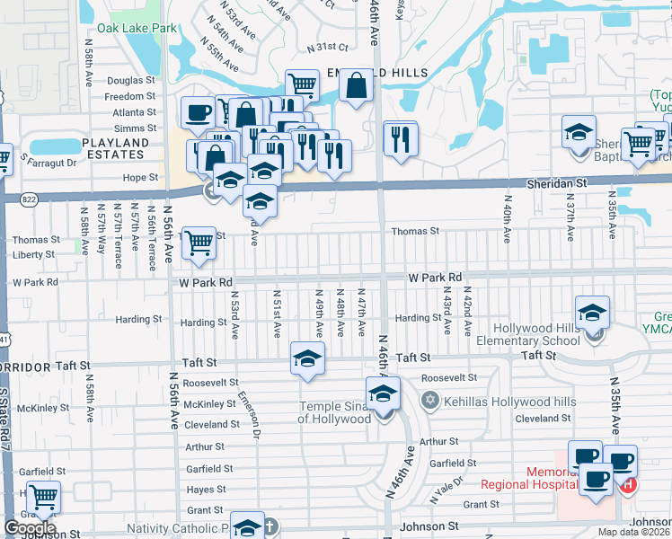map of restaurants, bars, coffee shops, grocery stores, and more near 2115 North 49th Avenue in Hollywood