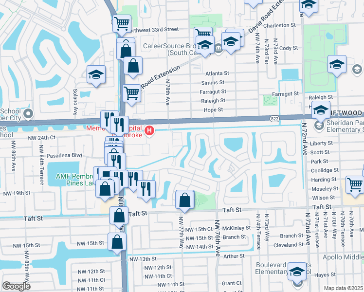 map of restaurants, bars, coffee shops, grocery stores, and more near 7780 Northwest 22nd Court in Pembroke Pines