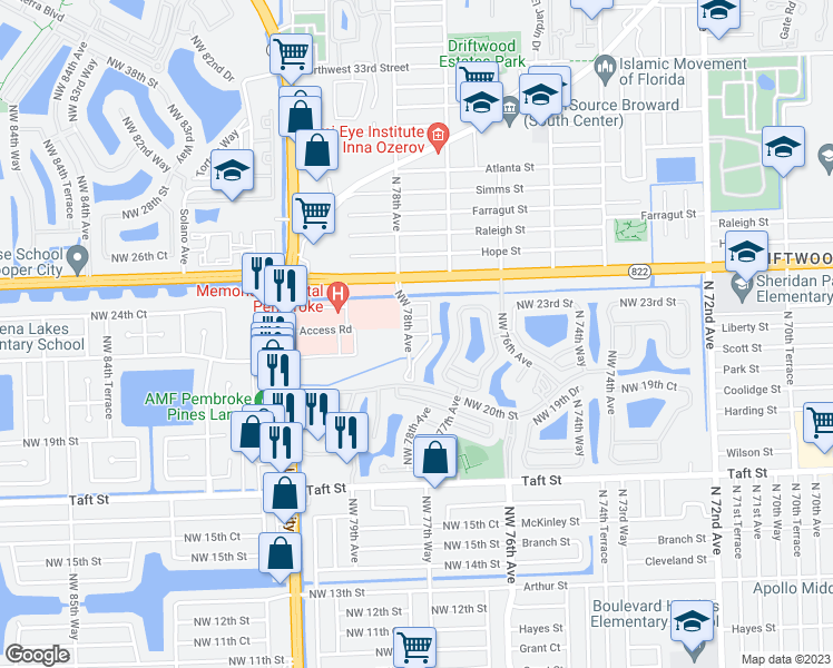 map of restaurants, bars, coffee shops, grocery stores, and more near 7780 Northwest 22nd Court in Pembroke Pines
