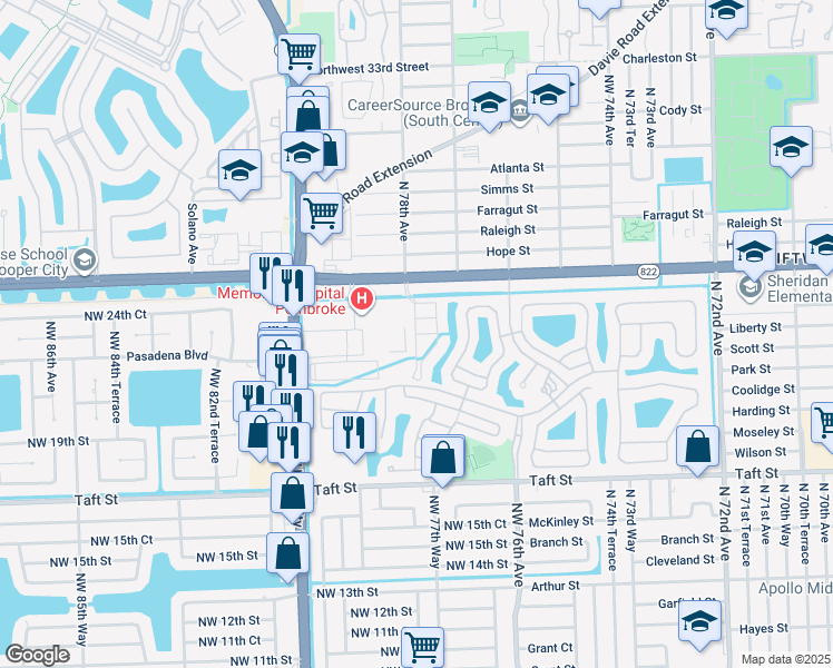map of restaurants, bars, coffee shops, grocery stores, and more near 7780 Northwest 22nd Court in Pembroke Pines