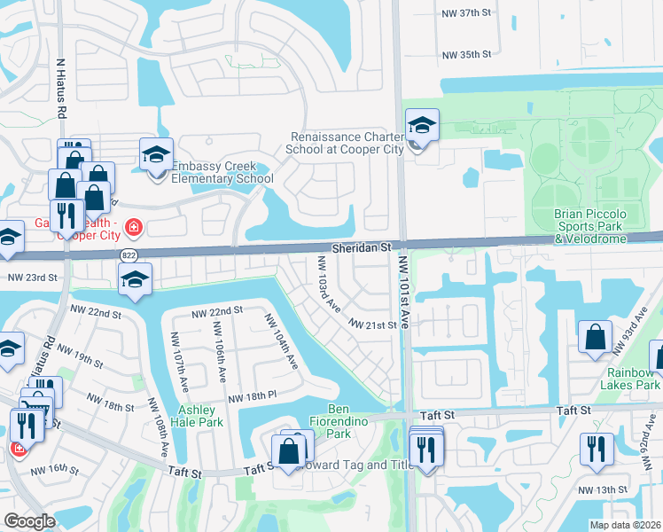 map of restaurants, bars, coffee shops, grocery stores, and more near 2430 Northwest 103rd Avenue in Pembroke Pines
