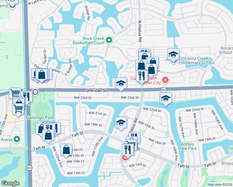 map of restaurants, bars, coffee shops, grocery stores, and more near 2320 Northwest 114th Avenue in Pembroke Pines