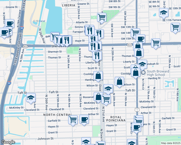 map of restaurants, bars, coffee shops, grocery stores, and more near 2124 Scott Street in Hollywood
