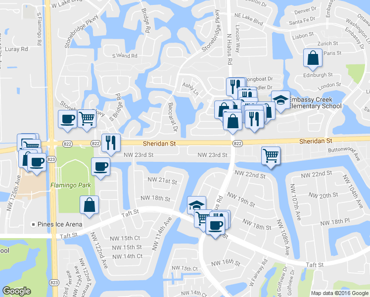 map of restaurants, bars, coffee shops, grocery stores, and more near 2320 Northwest 114th Avenue in Pembroke Pines